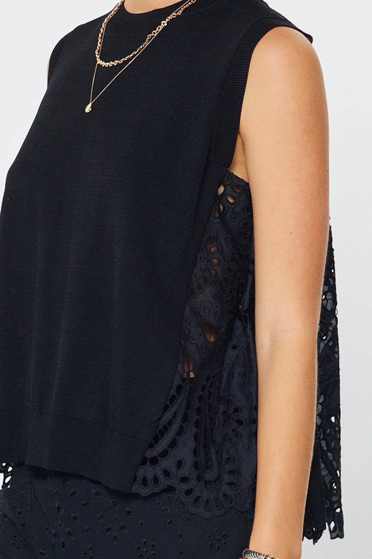 Pleated Eyelet Back Sleeveless Top