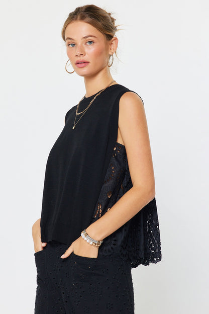 Pleated Eyelet Back Sleeveless Top
