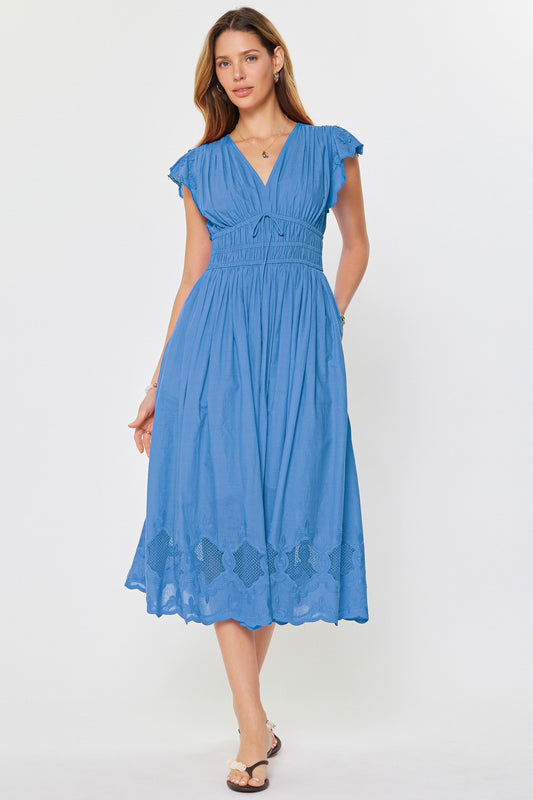 Embroidered Lace Midi Dress Faded Blue