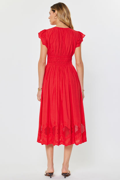 Embroidered Lace Midi Dress Red