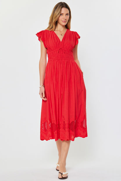 Embroidered Lace Midi Dress Red