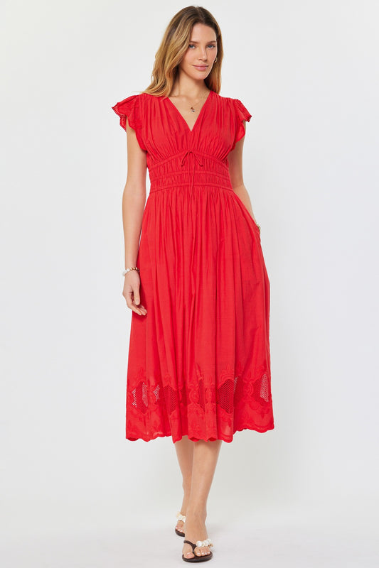 Embroidered Lace Midi Dress Red