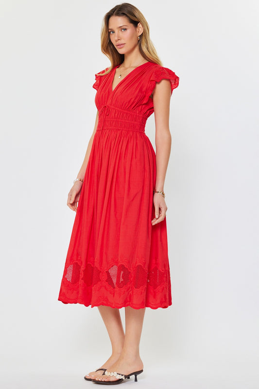 Embroidered Lace Midi Dress Red