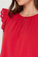 Crochet Sleeve Key Hole Blouse Red