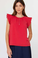 Crochet Sleeve Key Hole Blouse Red
