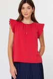 Crochet Sleeve Key Hole Blouse Red