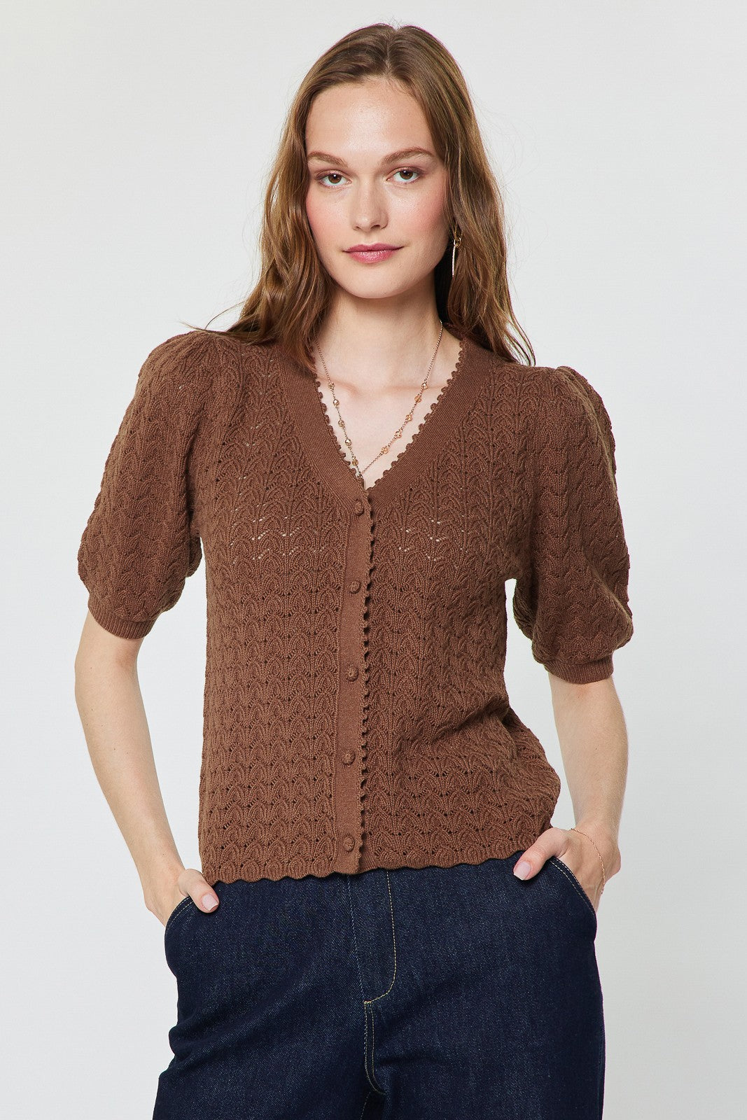 Scalloped Edge Cardigan Brown