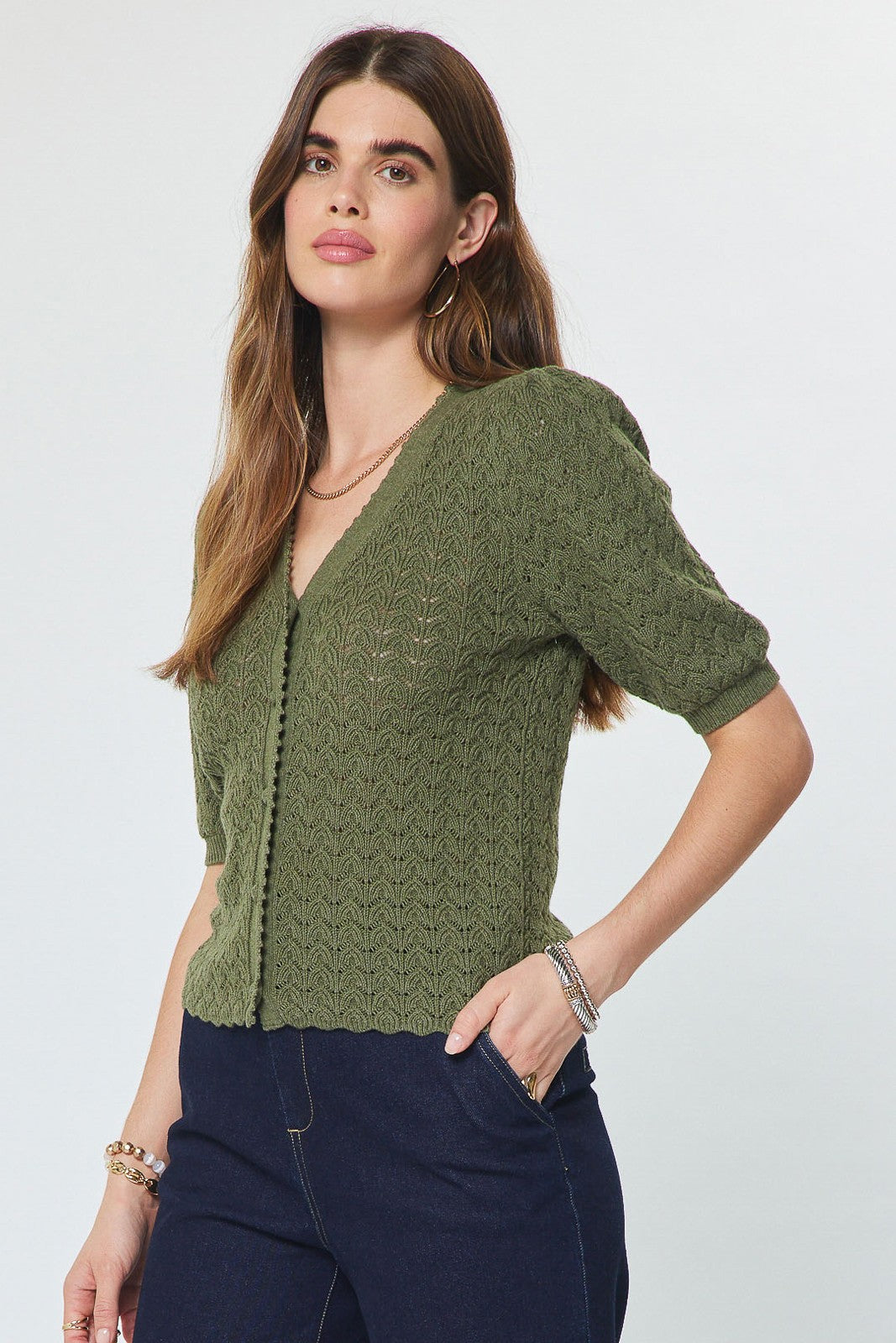 Scalloped Edge Cardigan Olive