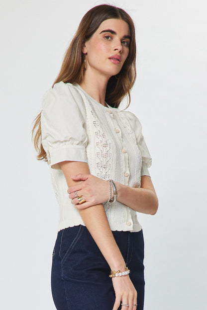 Woven Puff Sleeve Button Down Sweater