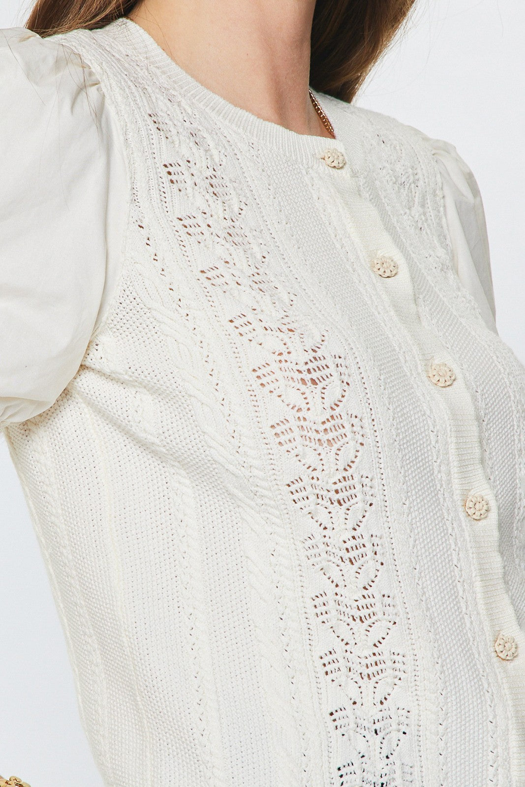 Woven Puff Sleeve Button Down Sweater