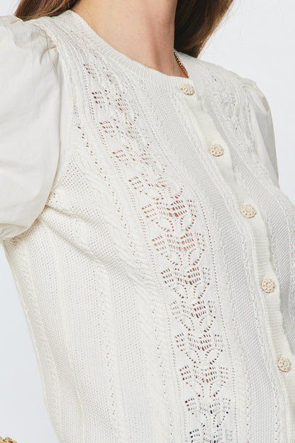 Woven Puff Sleeve Button Down Sweater