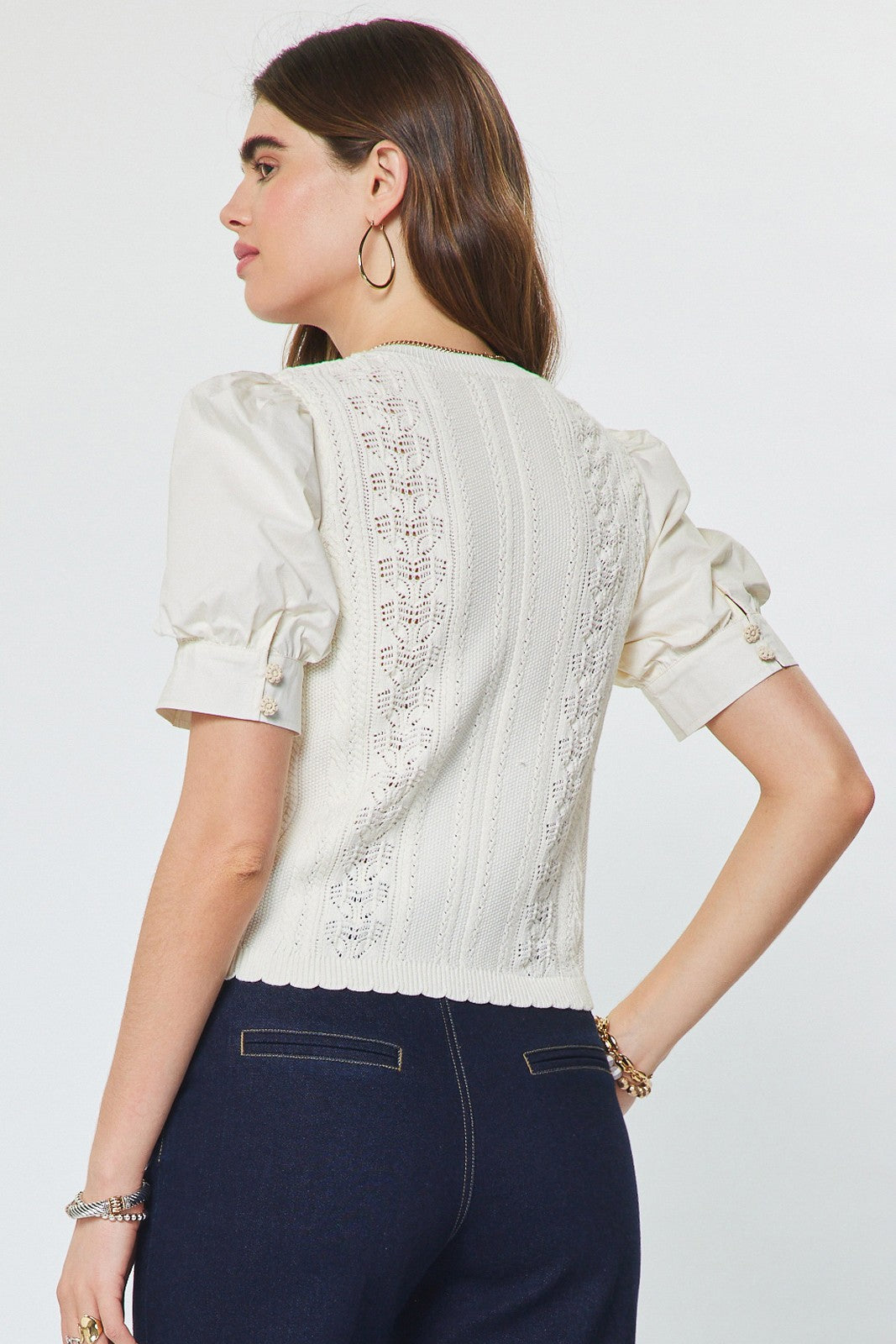 Woven Puff Sleeve Button Down Sweater