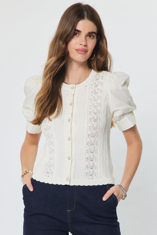 Woven Puff Sleeve Button Down Sweater