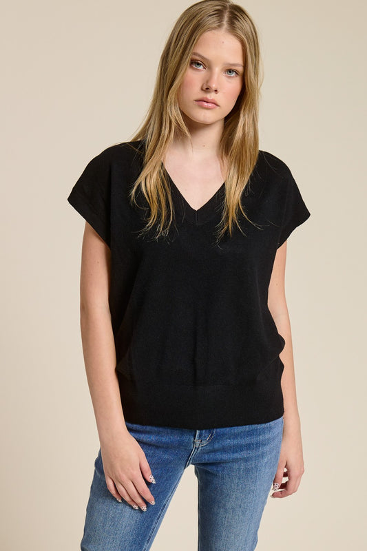 Luxe Dolman V-Neck Sweater Tee Black