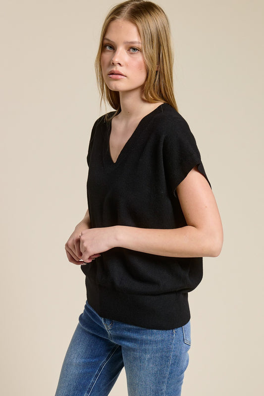 Luxe Dolman V-Neck Sweater Tee Black