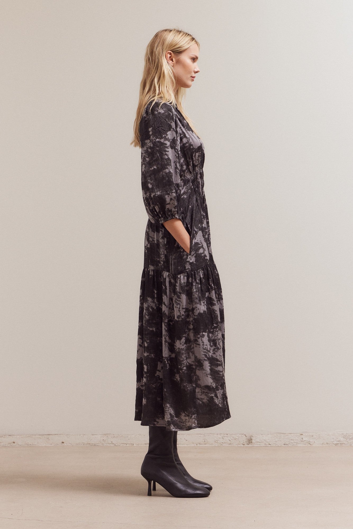 3/4 Sleeve Tiered Midi Dress