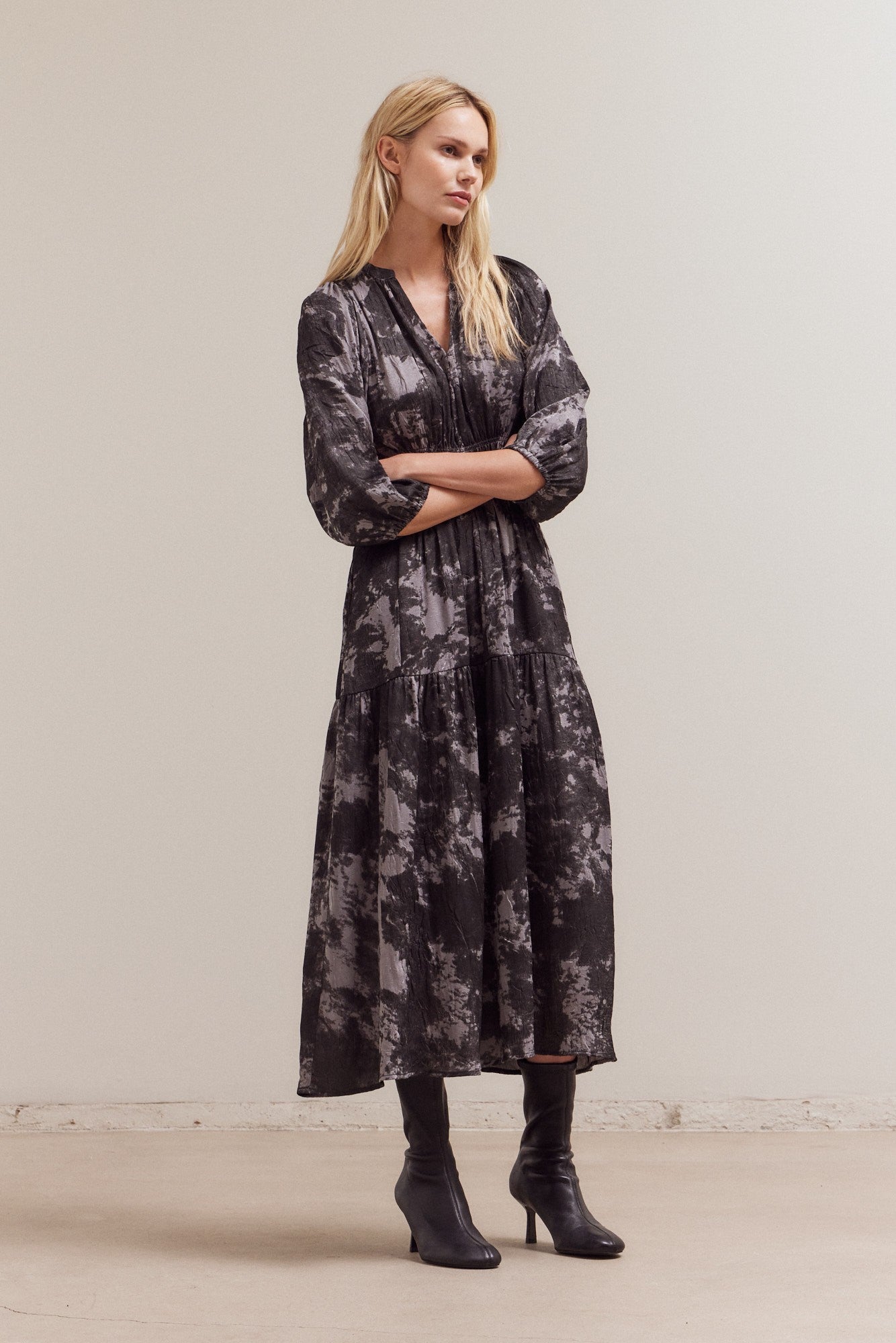 3/4 Sleeve Tiered Midi Dress