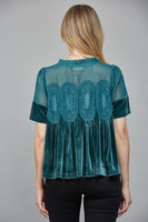Lace Detail Velvet Babydoll Top Teal Green