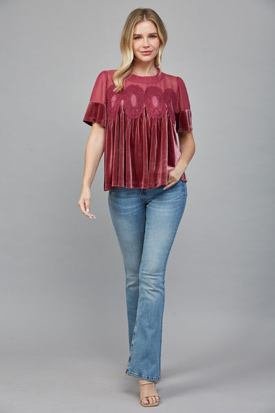 Lace Detail Velvet Babydoll Top Woodrose