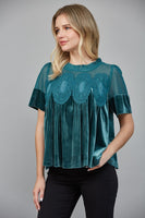 Lace Detail Velvet Babydoll Top Teal Green