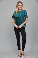Lace Detail Velvet Babydoll Top Teal Green