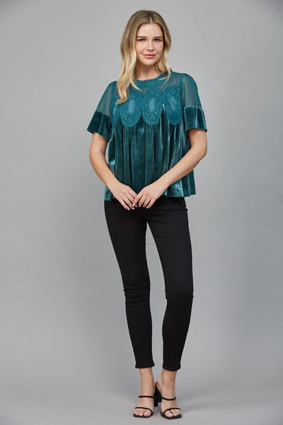 Lace Detail Velvet Babydoll Top Teal Green