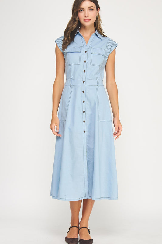 Top Stitch Sleeveless Midi Dress
