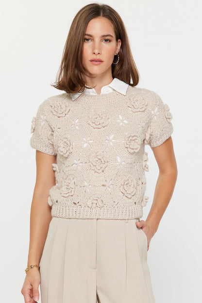 Round Neck Crochet Floral Sweater