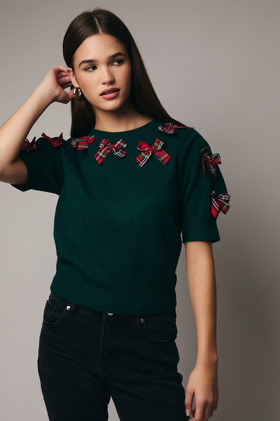 Short Sleeve Sweater with Bow Trim