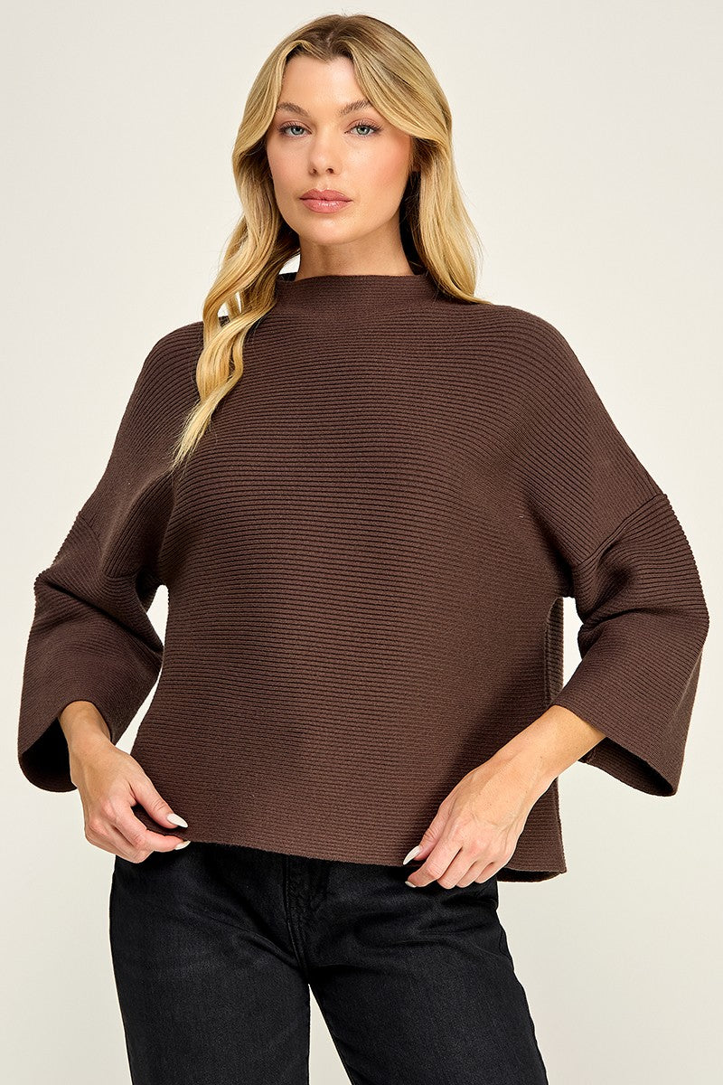 Mock Neck Ribbed Sweater Dark Chocolate