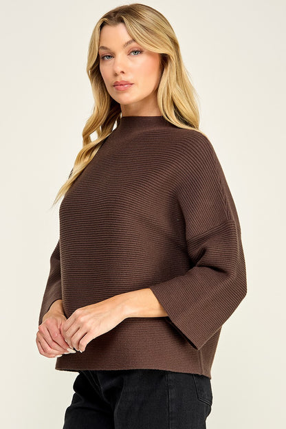 Mock Neck Ribbed Sweater Dark Chocolate