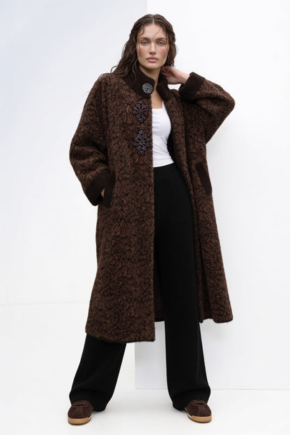 Floral Bouclé Embellished Coat Coffee