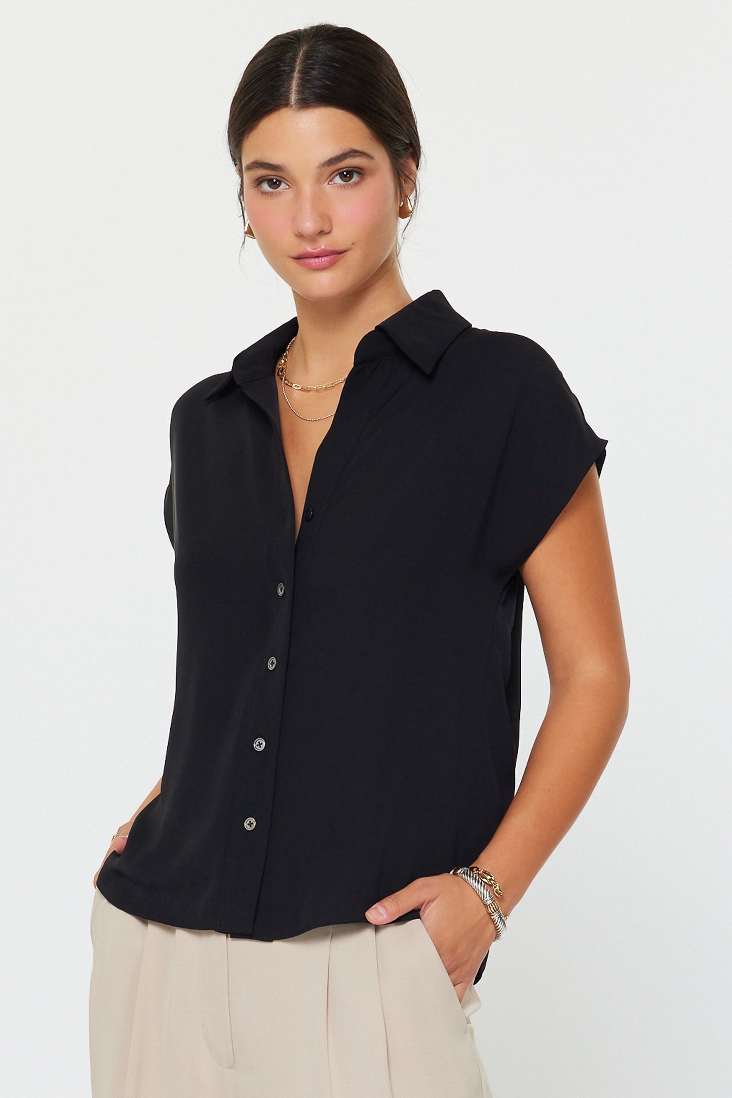 Cap Sleeve Button Down Blouse Black