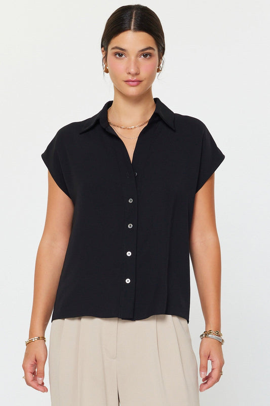 Cap Sleeve Button Down Blouse Black