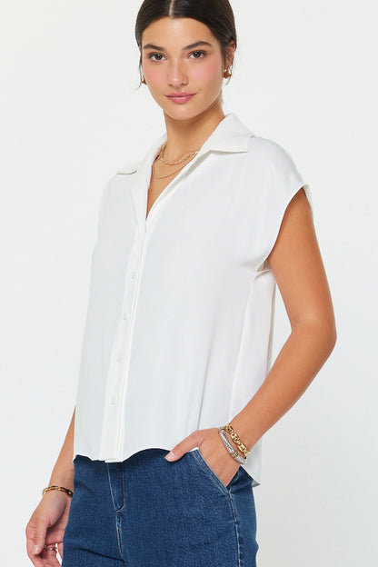 Cap Sleeve Button Down Blouse White