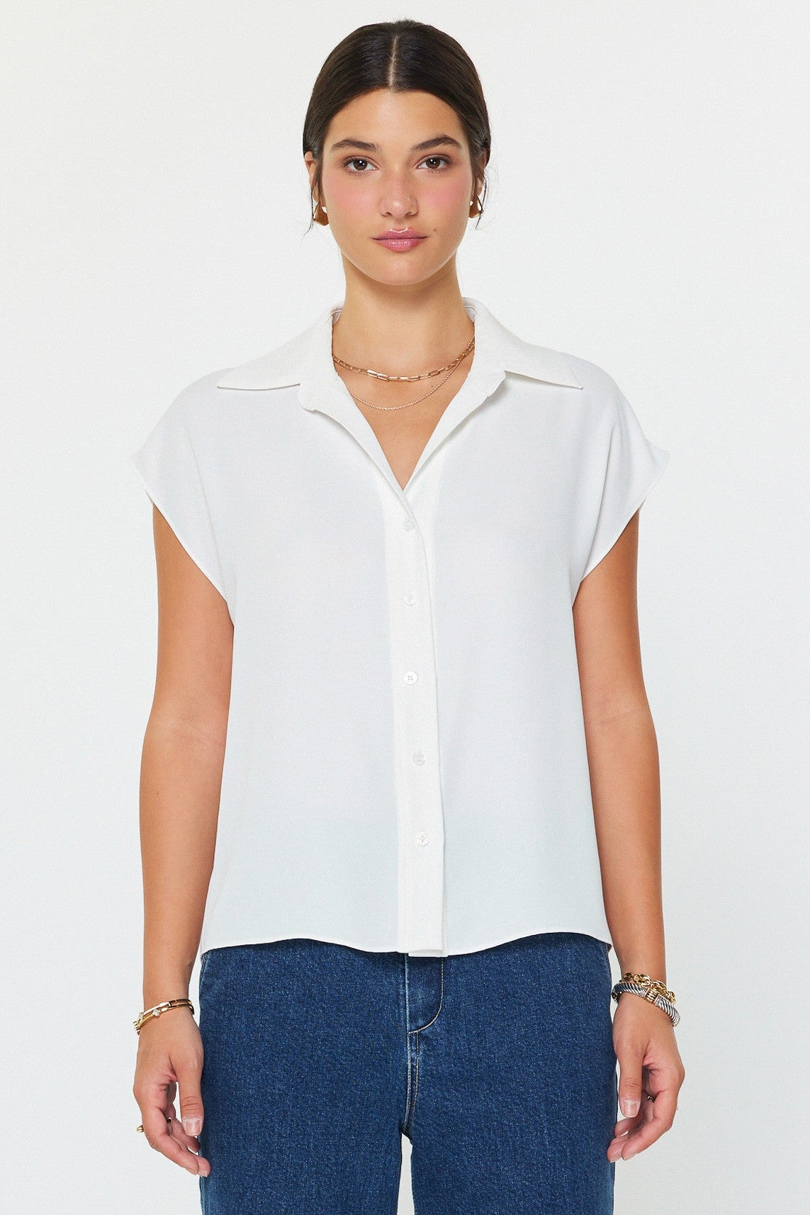 Cap Sleeve Button Down Blouse White