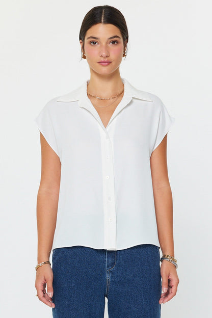 Cap Sleeve Button Down Blouse White