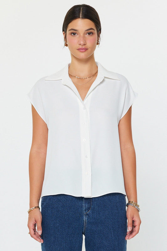 Cap Sleeve Button Down Blouse White