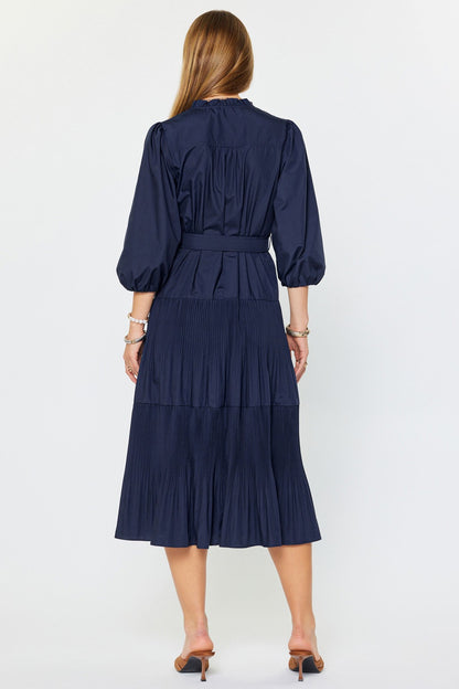 Pleated Tiered Midi Dress with Belt