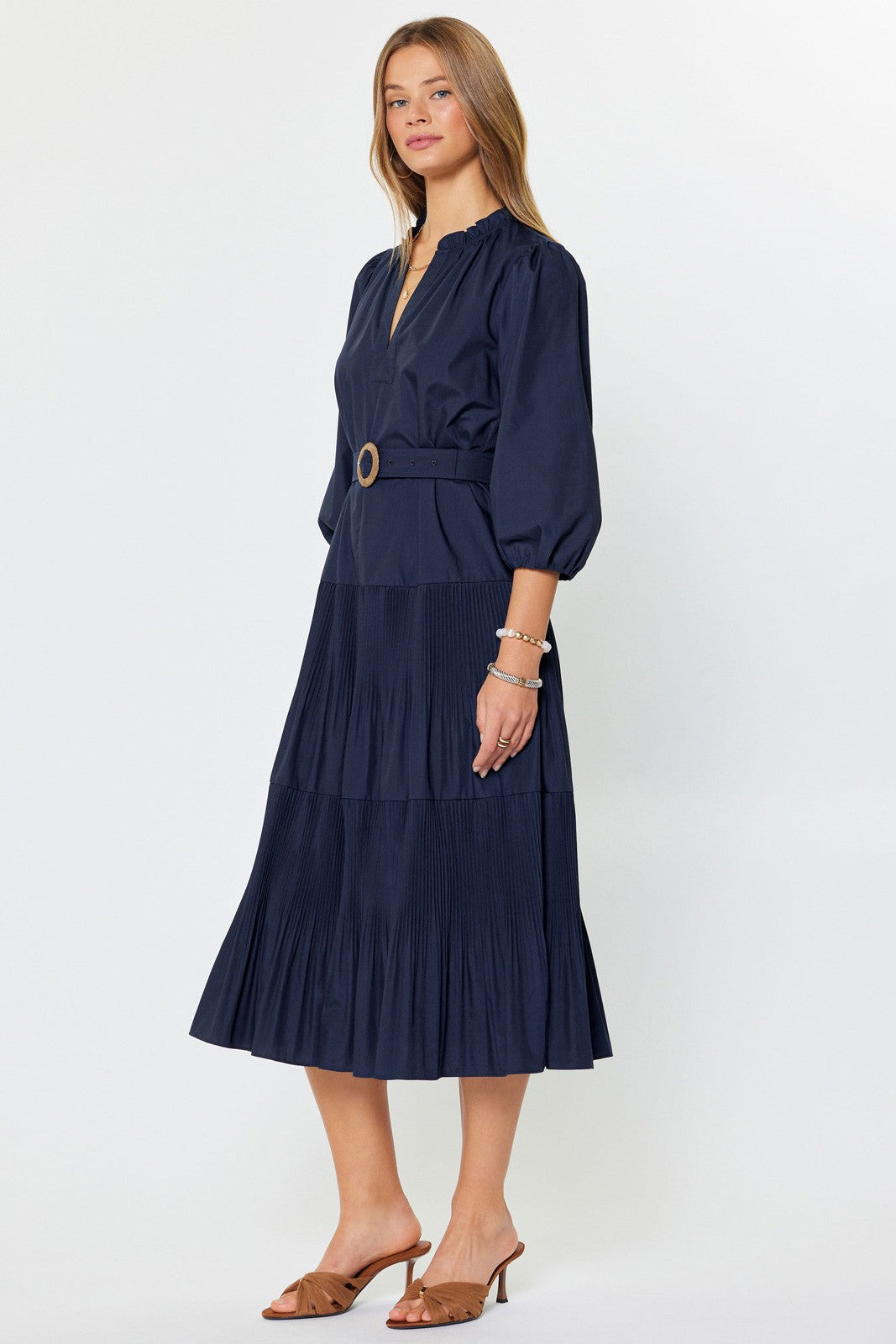 Pleated Tiered Midi Dress with Belt