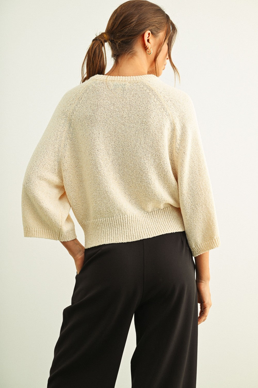 Round Neck 3/4 Sleeve Sweater Beige