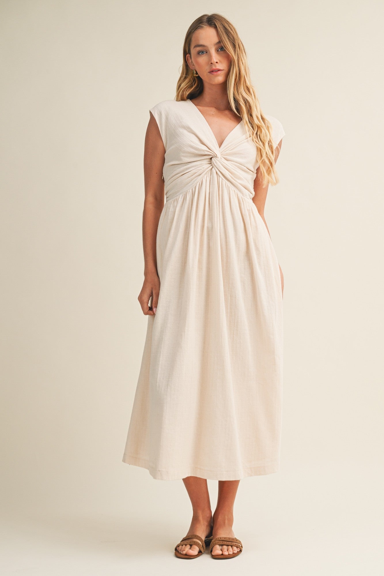Twisted Knot Bodice A-line Dress Ecru
