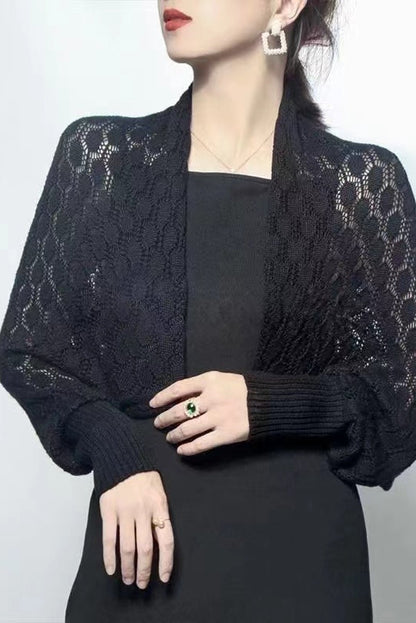 Crochet Hollow Bolero Shrug Black