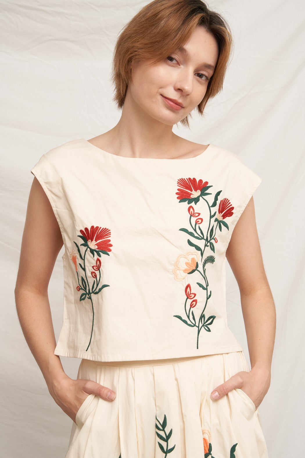 Cap Sleeve Embroidered Detail Top