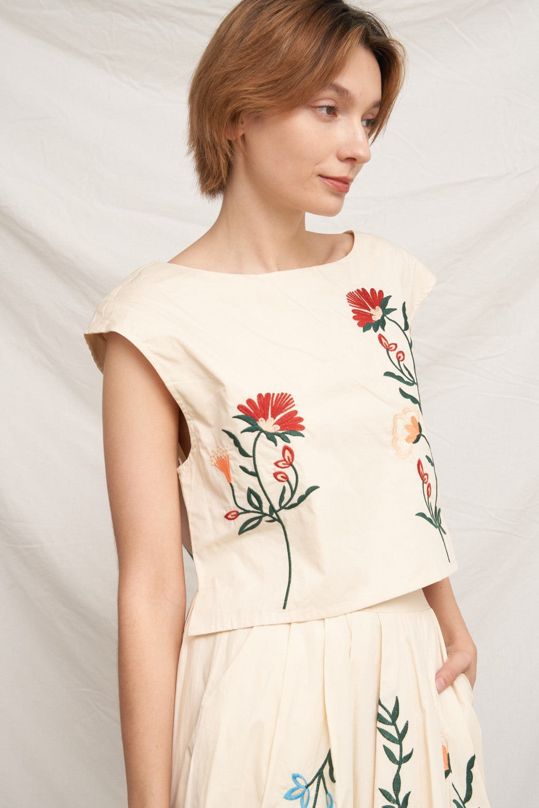 Cap Sleeve Embroidered Detail Top