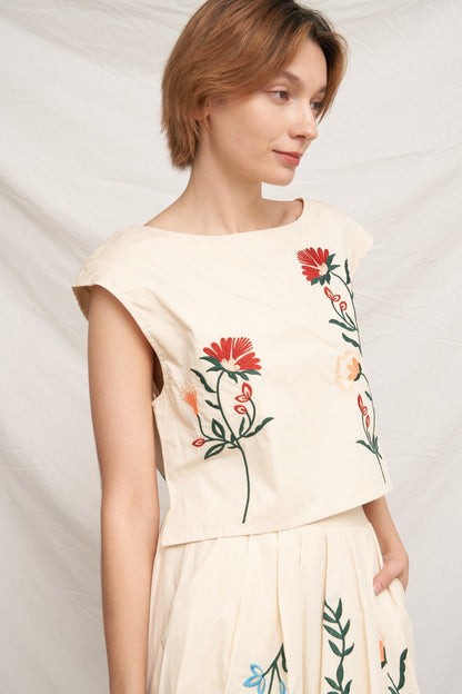 Cap Sleeve Embroidered Detail Top