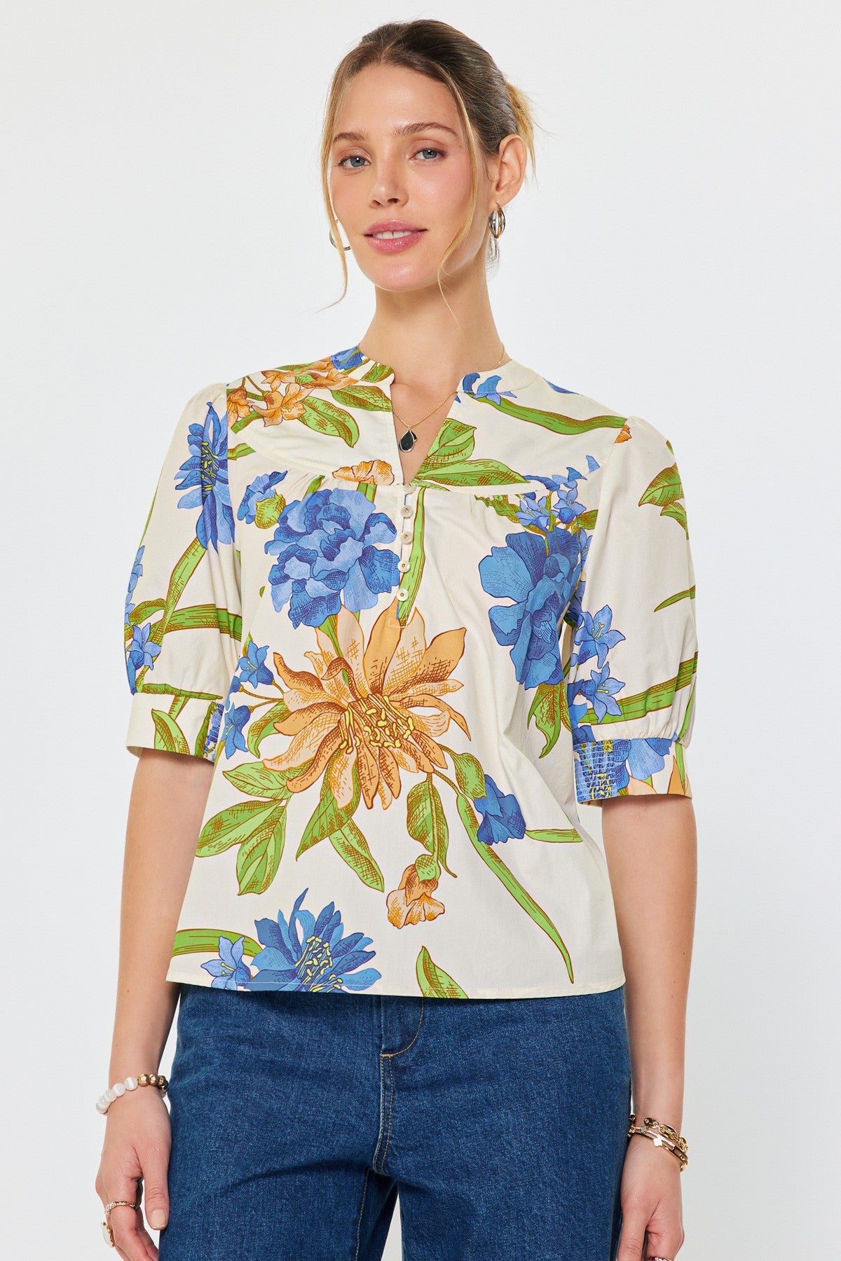Floral Print Split Neck Blouse
