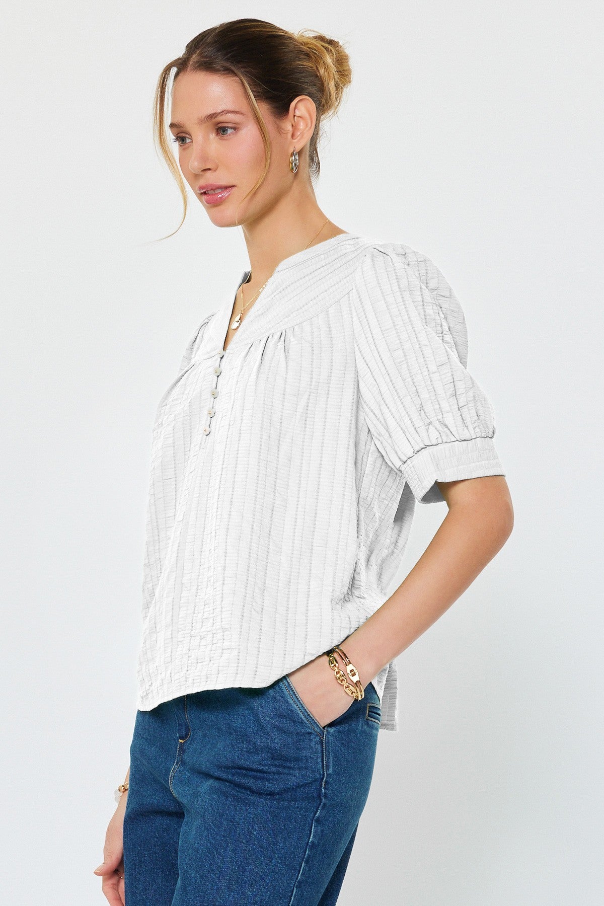 Textured Short Sleeve Blouse White