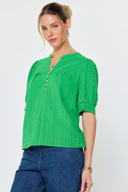 Textured Short Sleeve Blouse Green
