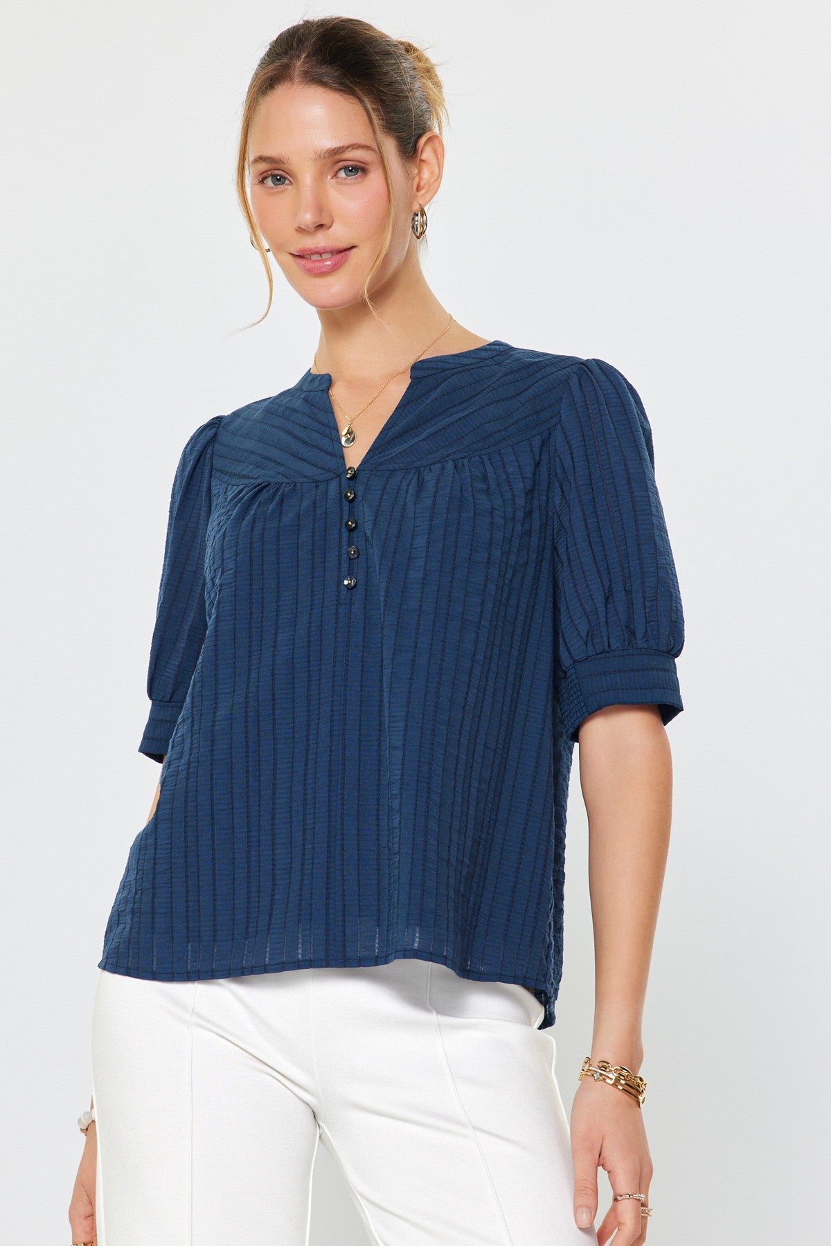 Textured Short Sleeve Blouse Navy